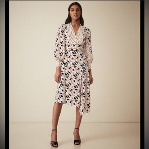 REISS EMMI PRINTED MIDI DRESS SIDE SLIT FLORAL BURNOUT LANTERN SLEEVE 70’S STYLE